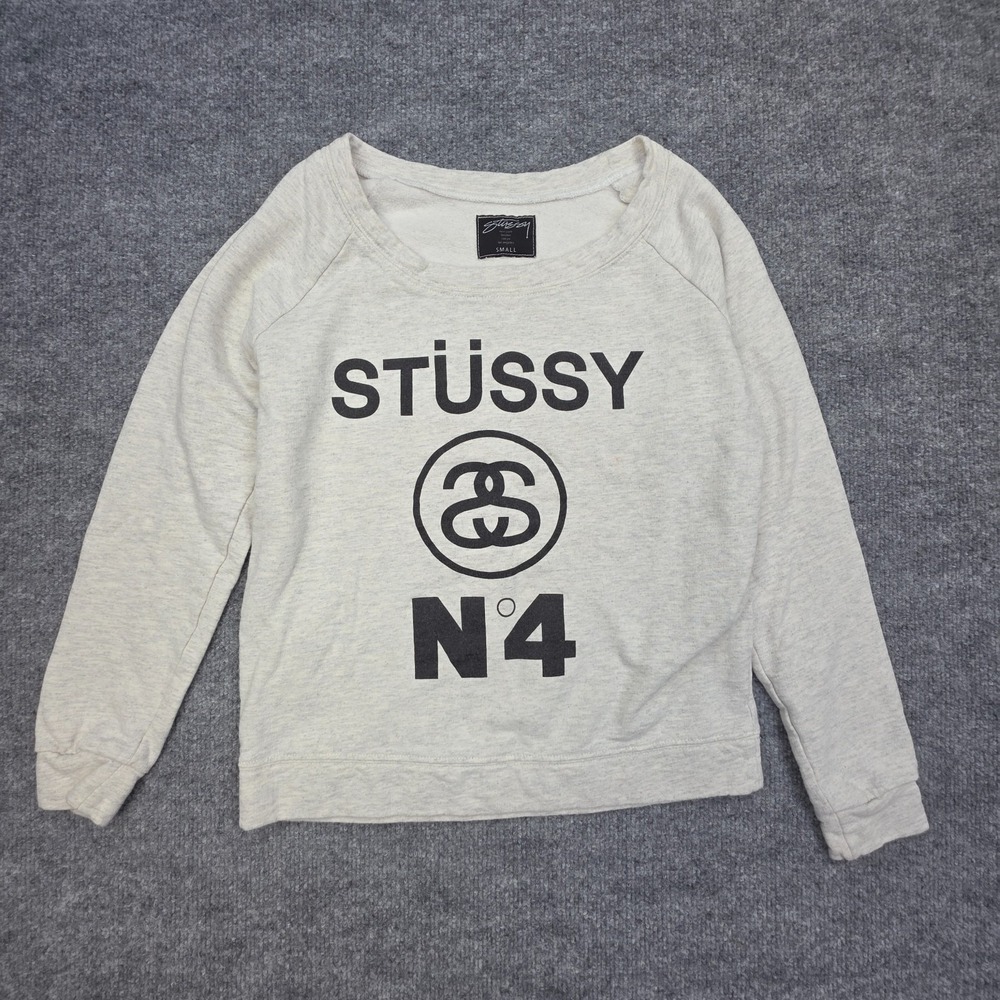 Stussy N4 Graphic Logo Fleece Crewneck Pullover Sweatshirt Women's Small Gray